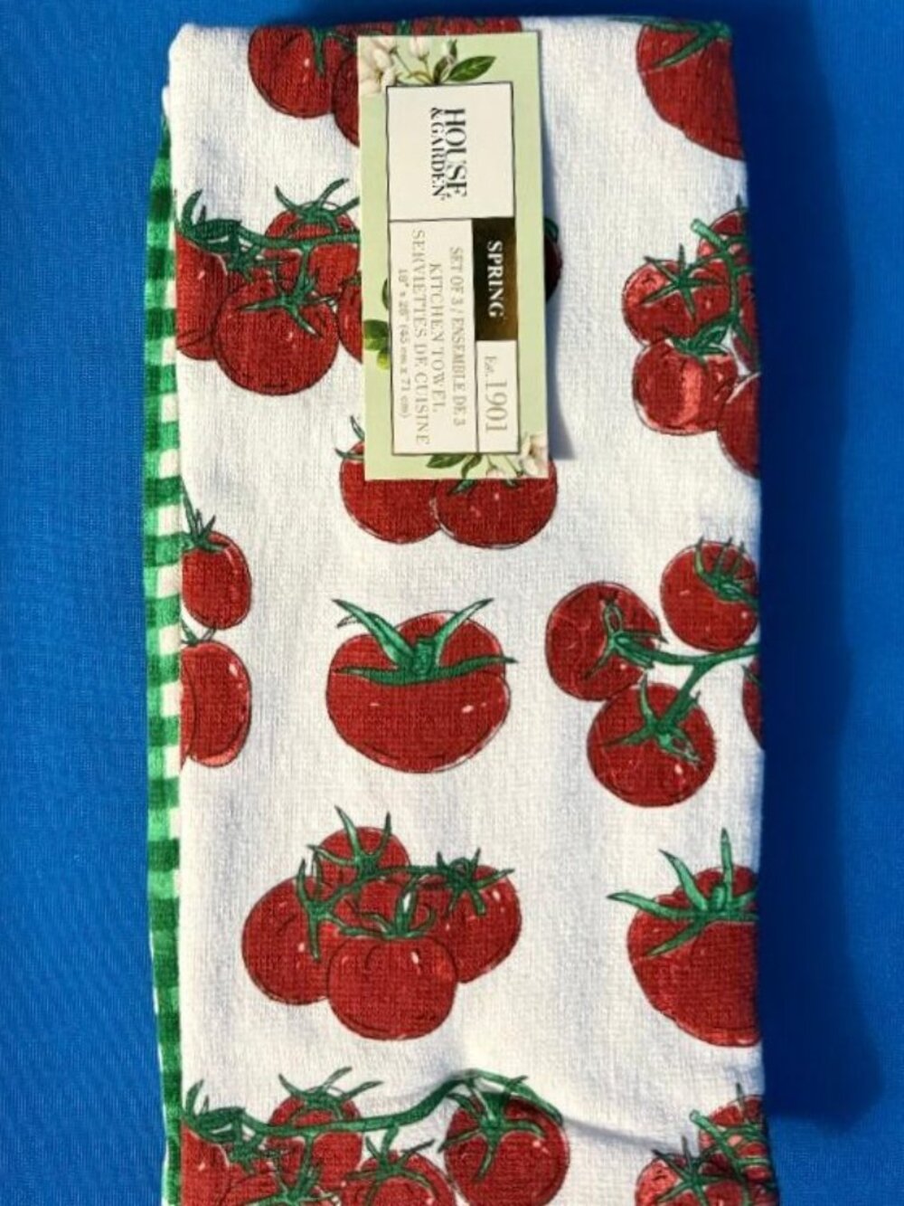 NEW 3 PK W/ 2 GARDEN TOMATO VINE TOMATOES 1 GREEN & WHITE GINGHAM CHECKER TOWELS